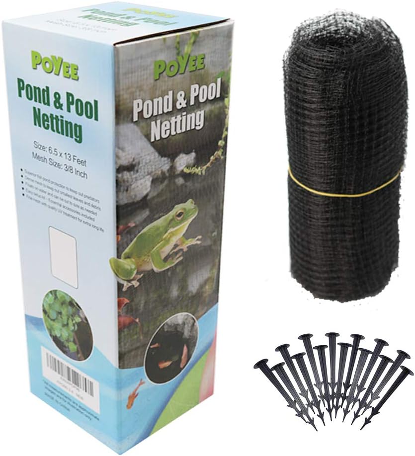 POYEE 6.5x13ft Pond Netting for Leaves Leaf Net Cover Pond Net with Small Fine Mesh Protecting Koi Fish from Birds Cats Stakes Included