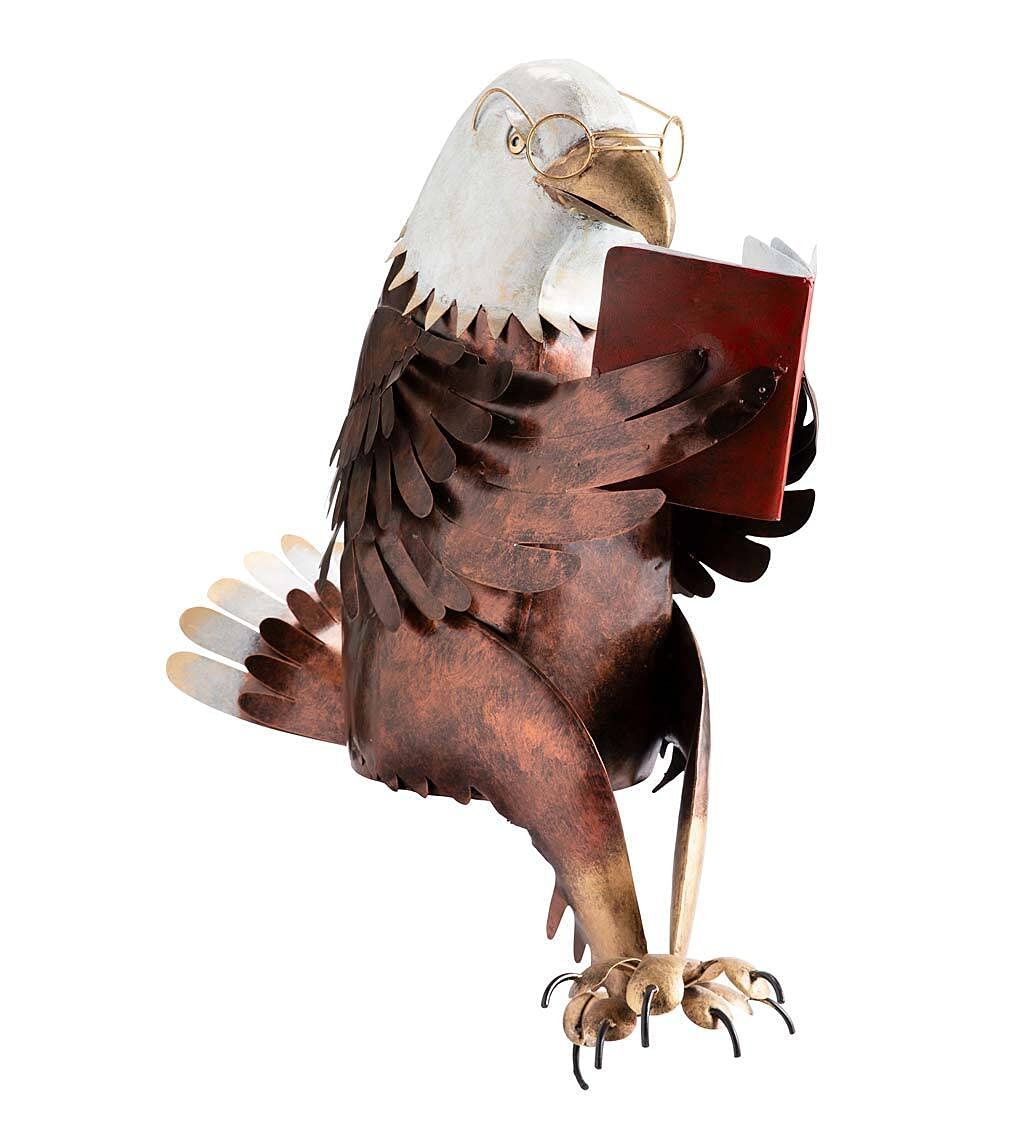 Wind & Weather 20.5-Inch Long by 13-Inch Wide by 31.5-Inch High Handcrafted Metal Reading Bald Eagle with Glasses Sculpture for Indoor or Outdoor Display