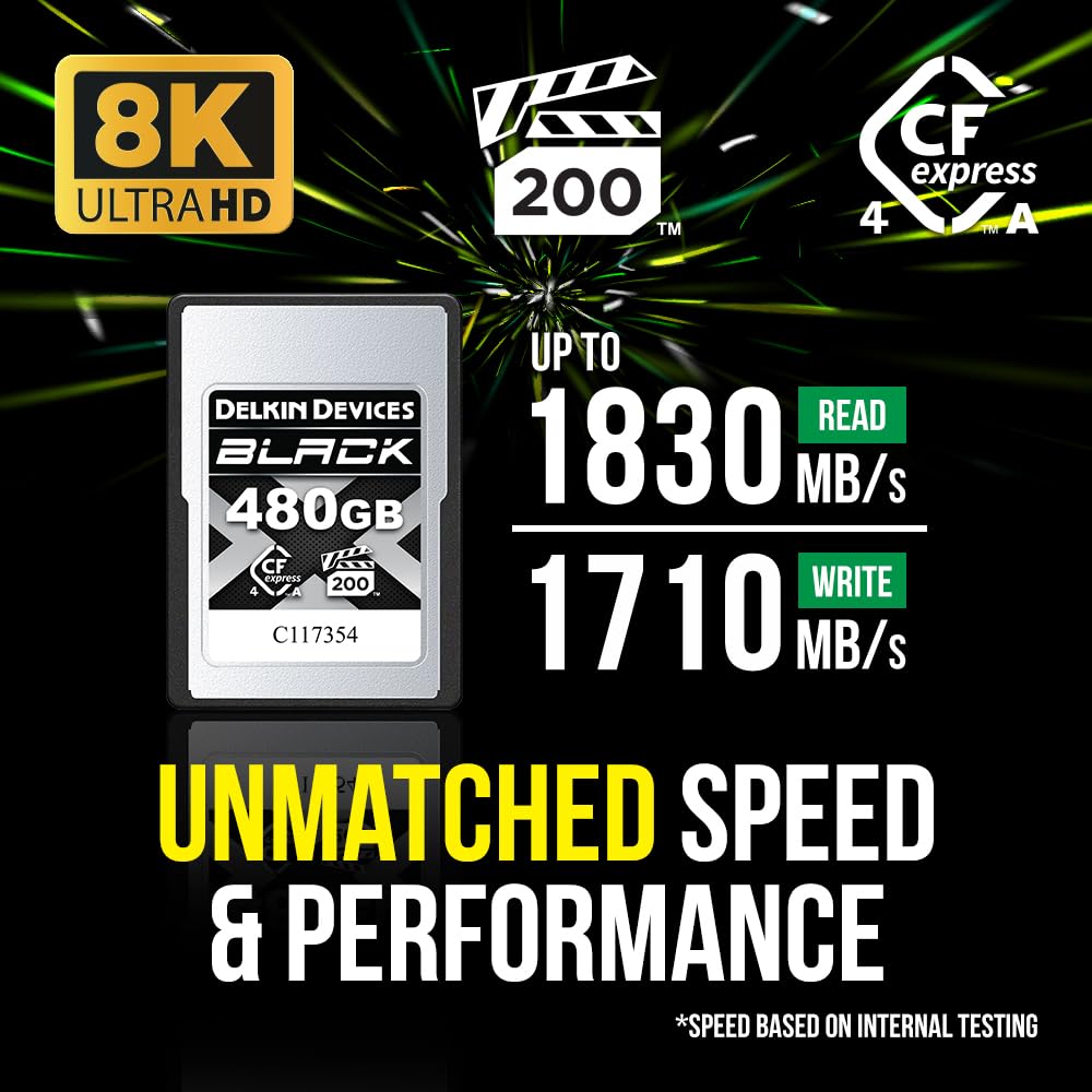Delkin Devices Scheda di memoria CFexpress di tipo A da 480 GB – Fino a 1830 MB/s in lettura, velocità di scrittura 1710 MB/s per video 8K, 6K e 4K, VPG200
