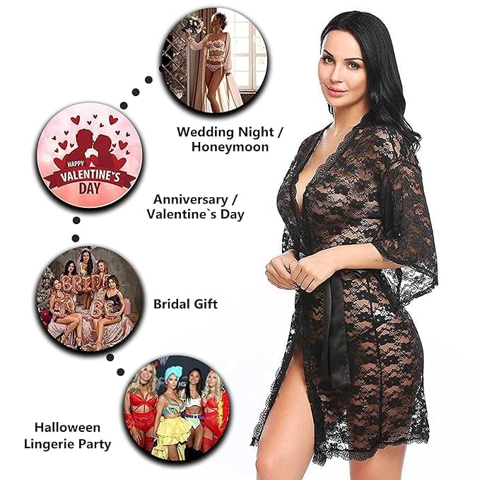 Image of Love Maker Women Sexy Floral Net Lace Tranparent Babydoll Lingerie Night Robe /Nightgown Lingerie for Honeymoon with Bikini Set S-3XL