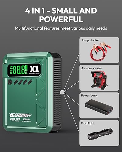 Miniatura 8 de YESPER Arrancador con compresor de aire 2000A 150PSI batería arrancador portátil (8L Gas6L Diesel), cargador de batería de 12 V con cables de