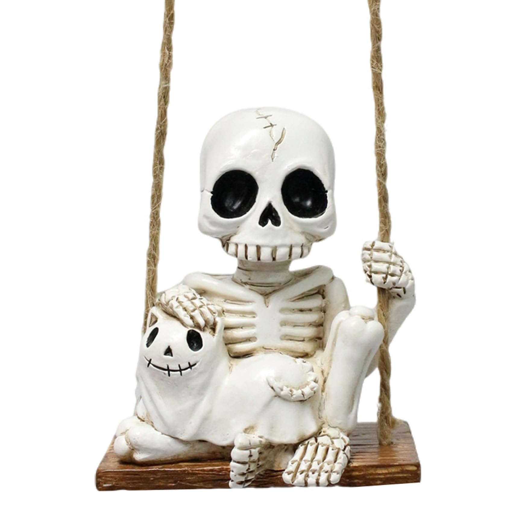 Hbbgdiy Mini Swinging Skeleton with Cat Resin Skull Statue 3x2x3 Inch Spooky Halloween Skeleton Decor for Bookshelf Desktop Cabinet Haunted House Display