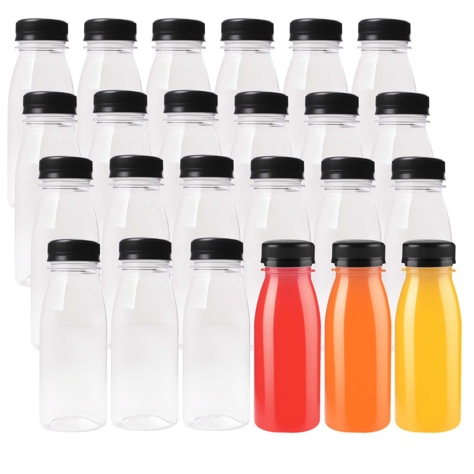 Confezione da 24 bottiglie vuote in plastica trasparente da 200 ml con coperchio nero, riutilizzabili, a prova di perdite, per frullati, latte, bevande fatte in casa, contenitori sensoriali