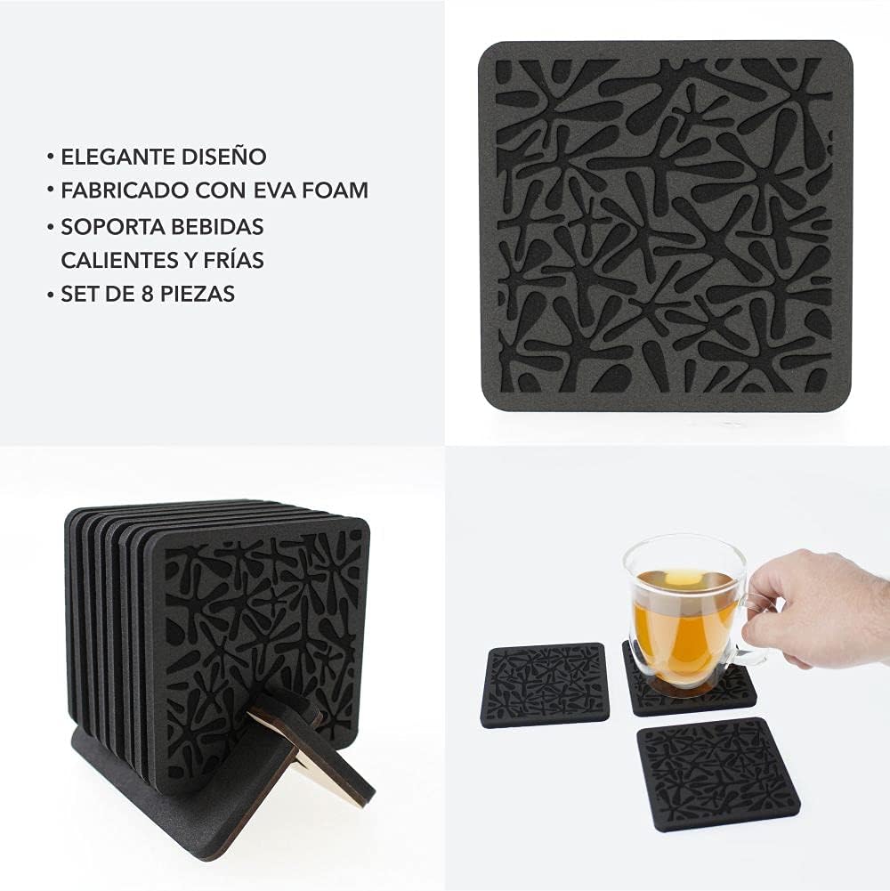 NOMU Coasters. High Density EVA Foam - 8 Pack Set with Holder. Dustproof semi-Glossy Finish. (Blob) (Basic) Made in Mexico. Black