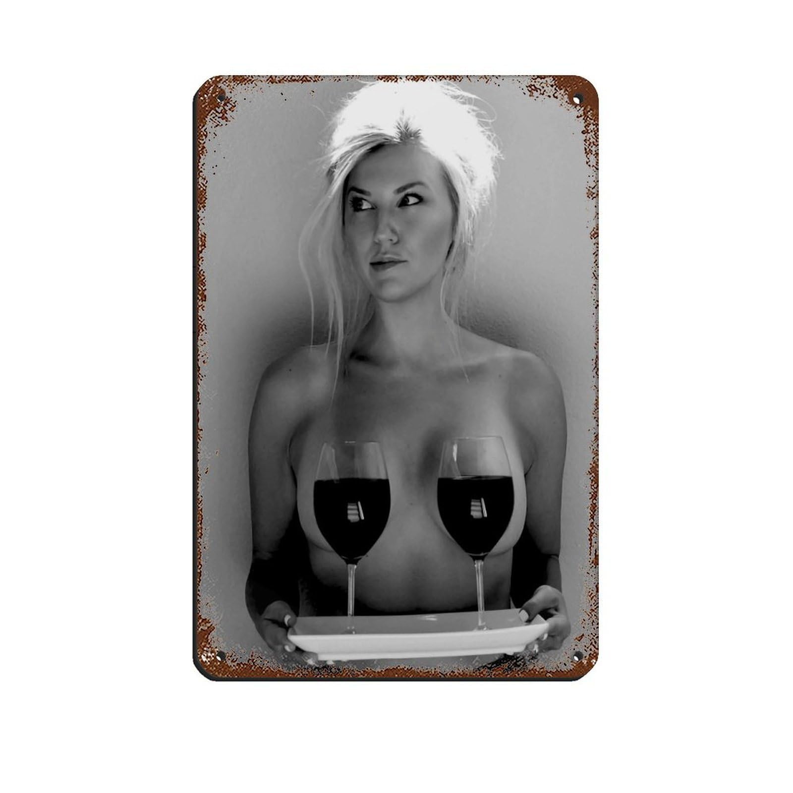 Sexy Woman Holding Wine Glasses Poster Retro Poster Metal Tin Sign Chic Art Retro Iron Painting Bar People Cave Cafe Family Garage Poster Wall Decoration 8x12inch(20x30cm)