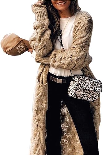 ZIWOCH - Chaqueta de punto con manga larga para mujer, estilo informal, con cable, abertura frontal, suéter holgado con bolsillos