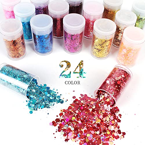 Chunky And Fine Glitter Mix, Estanoite 24 Colors Sequins & Fine Glitter Powder Mix, Holographic Glitter Flakes, Cosmetic Face Body Eye Hair Nail Art Resin Tumbler Iridescent Glitter Loose Glitter #TOP1