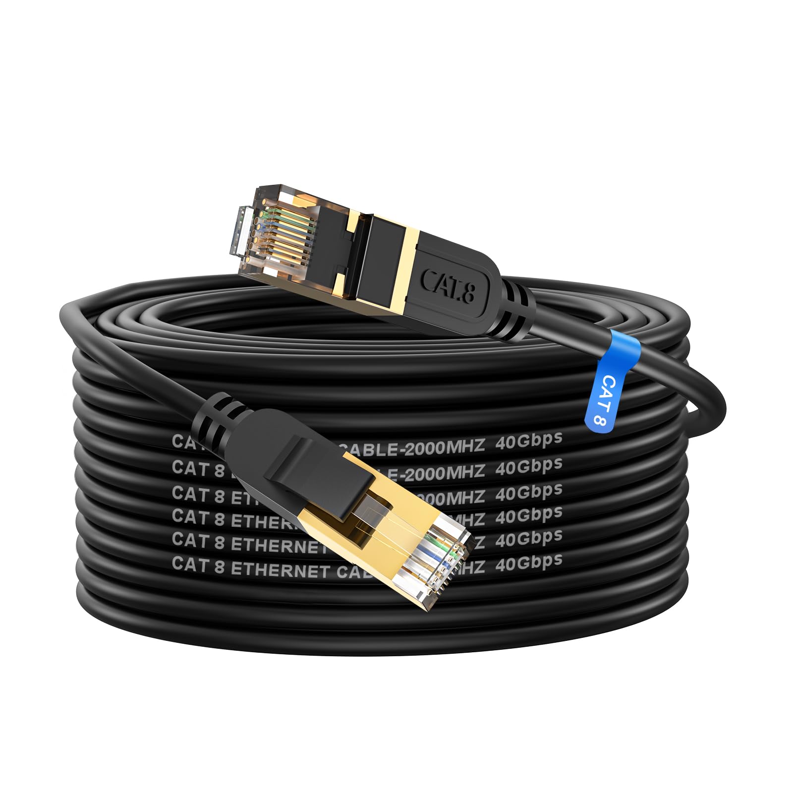Cat 8 Ethernet Cable, 60FT High Speed Heavy Duty 26AWG Cat8 LAN Network Cable 40Gbps, 2000Mhz with Gold Plated RJ45 Connector, Outdoor&Indoor Internet Cable Compatible for Router Gaming Modem Xbox
