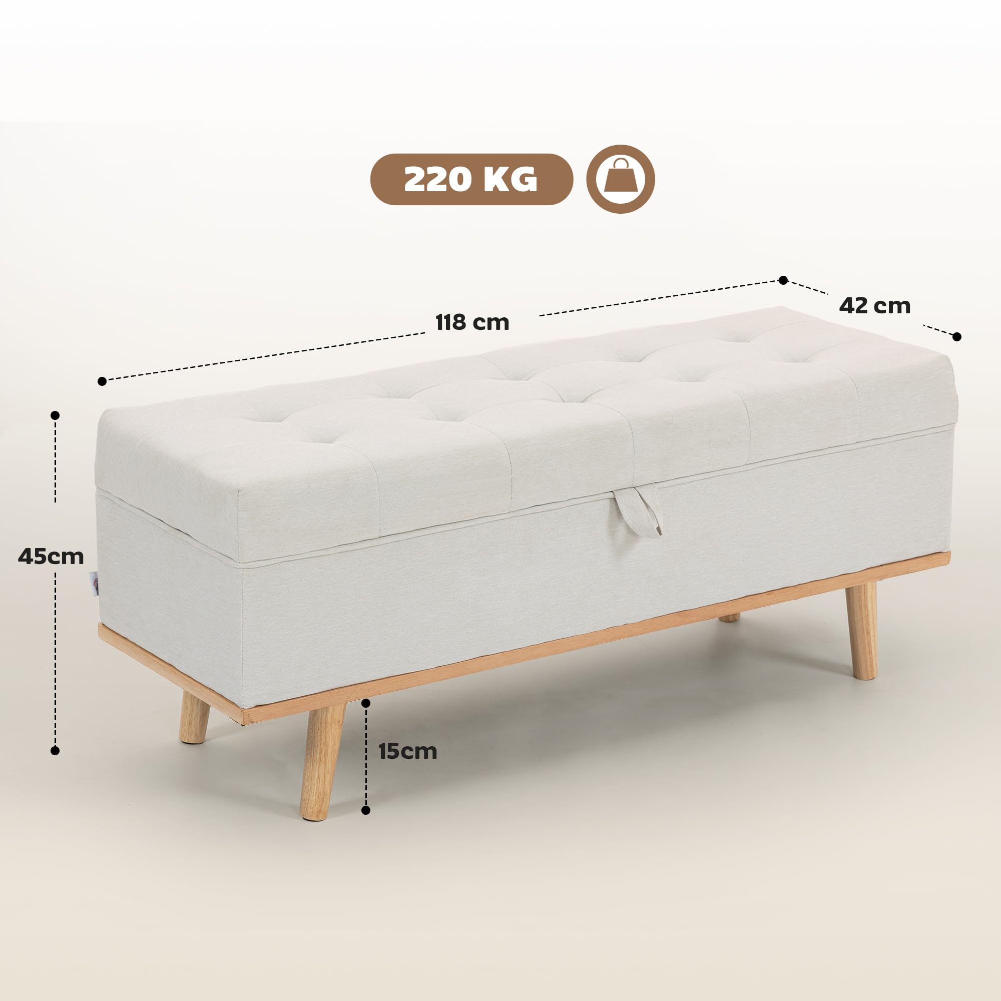 HOMCOM Pouf Contenitore 80L Imbottito Poggiapiedi 118x42x45 cm Crema
