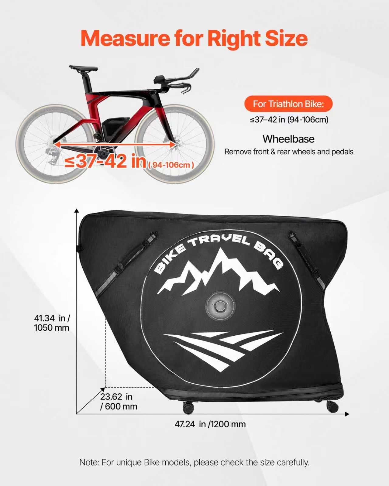 VEVOR Fahrrad Transporttasche, Triathlon-Fahrradtasche mit TSA-Schloss & Doppelreißverschluss, bis max. 106 cm Radstand, für Reisen, Outdoor-Aktivitäten, Zug-, Flugzeug- & U-Bahn-Transport