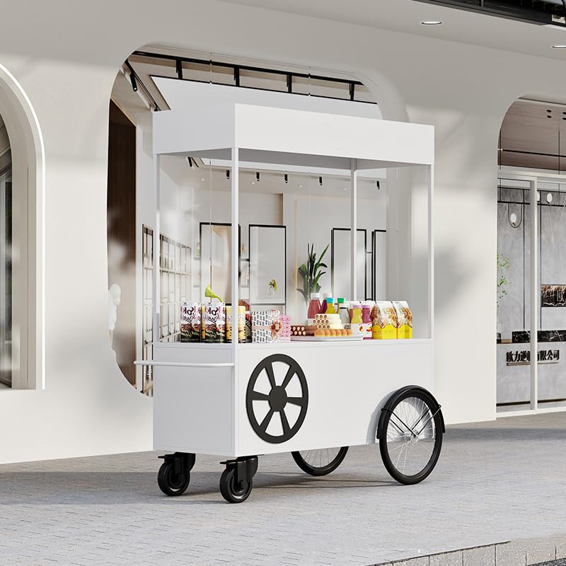Verkaufswagen für den Außenbereich tragbarer Wagen mit Überdachung mobiler Lebensmittel-Ausstellungsstand feststellbare Räder für Märkte Straßenveranstaltungen Festivals Räder Markt(140cm/55inch,White