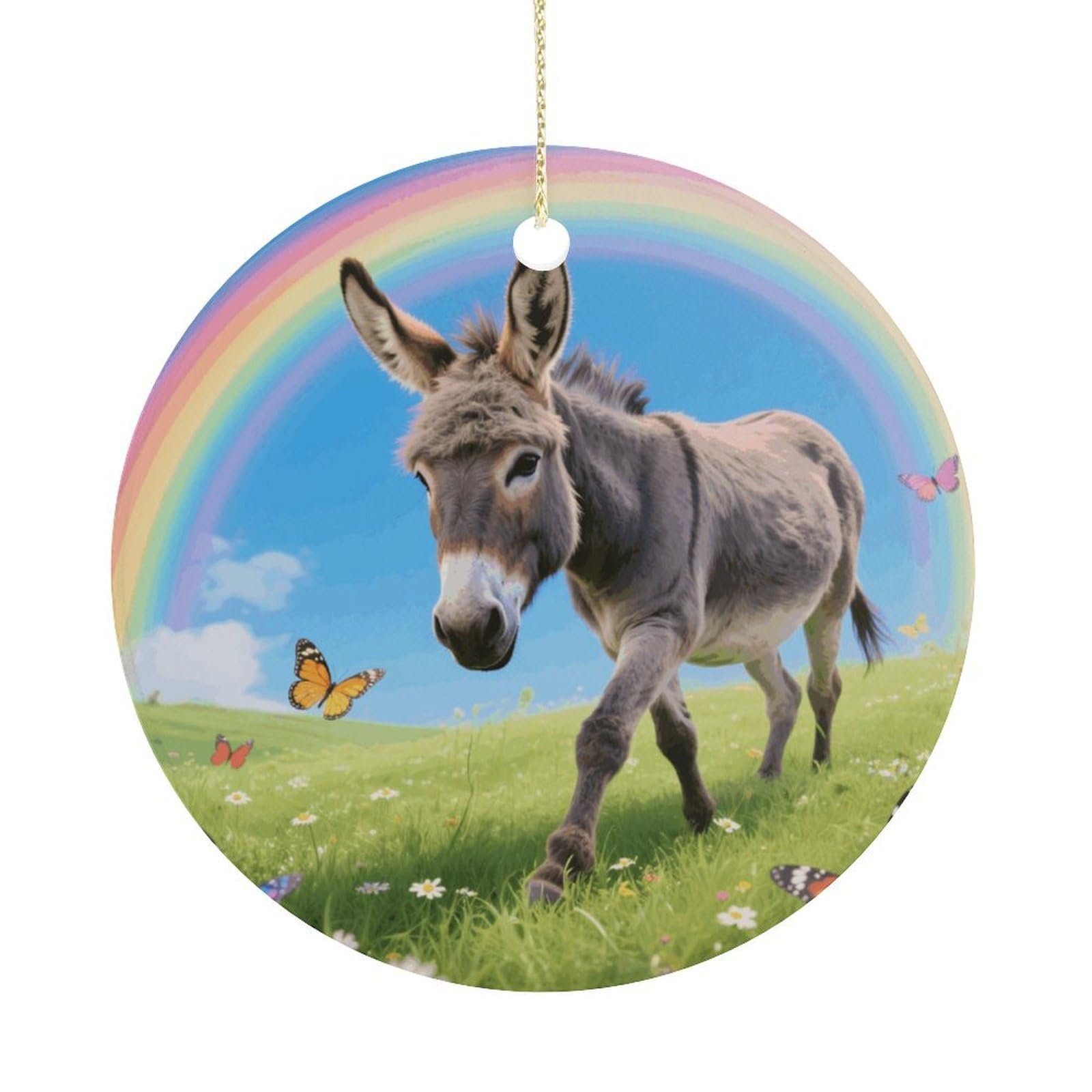 Personalized Christmas Ornaments 2025 Ceramic Hanging Donkey & Butterflies (Rainbow) Ornaments with Gold String Double-Sided Vintage Holiday Decorations for Tree Mantel Tabletop Xmas Party Favors