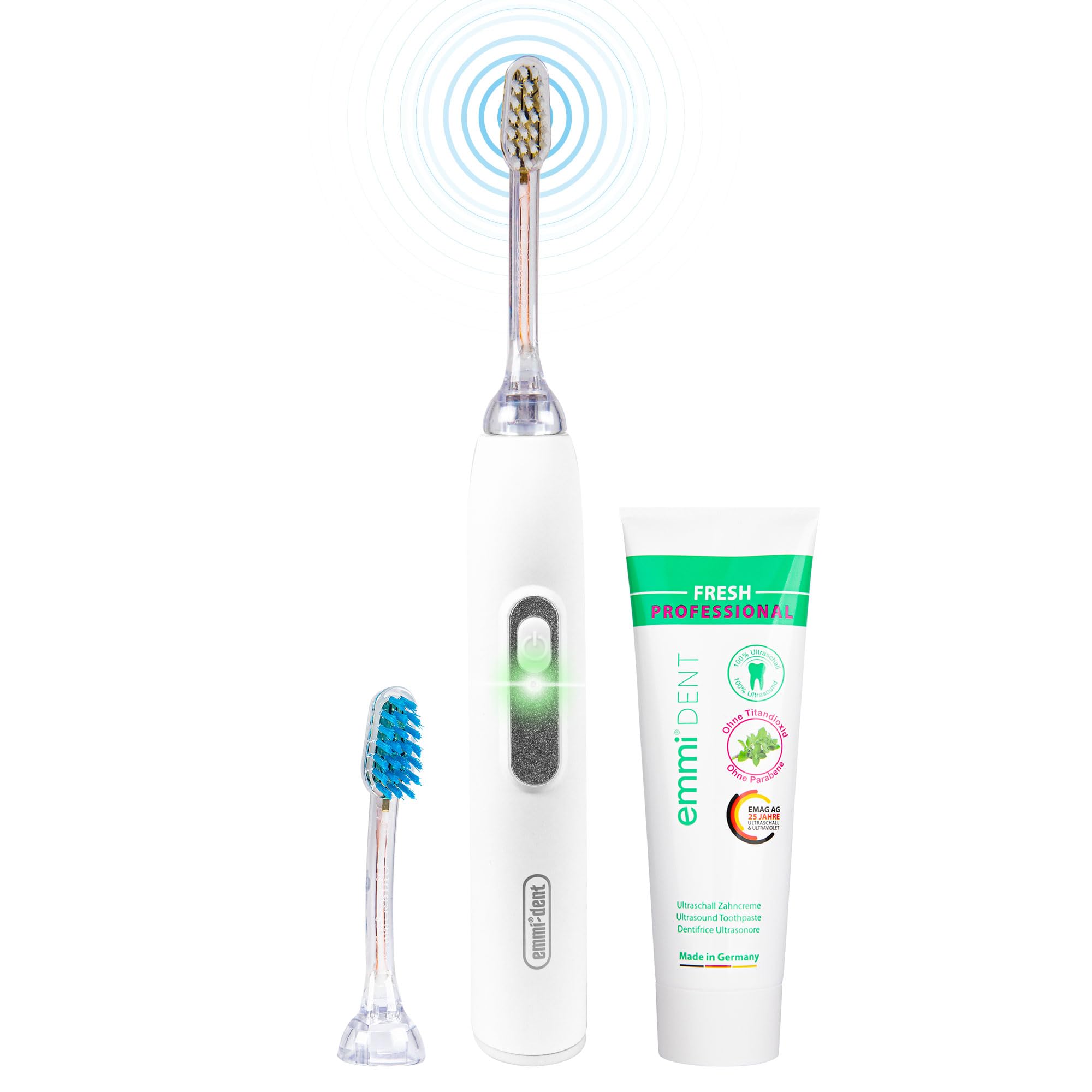 emmi®-dent Metallic Cepillo de Dientes Eléctrico Ultrasónico (Set Básico Blanco) I Ideal para Dientes y Encías Sensibles I Cepillado Óptimo sin Frotar I Hasta 12 Días de Batería