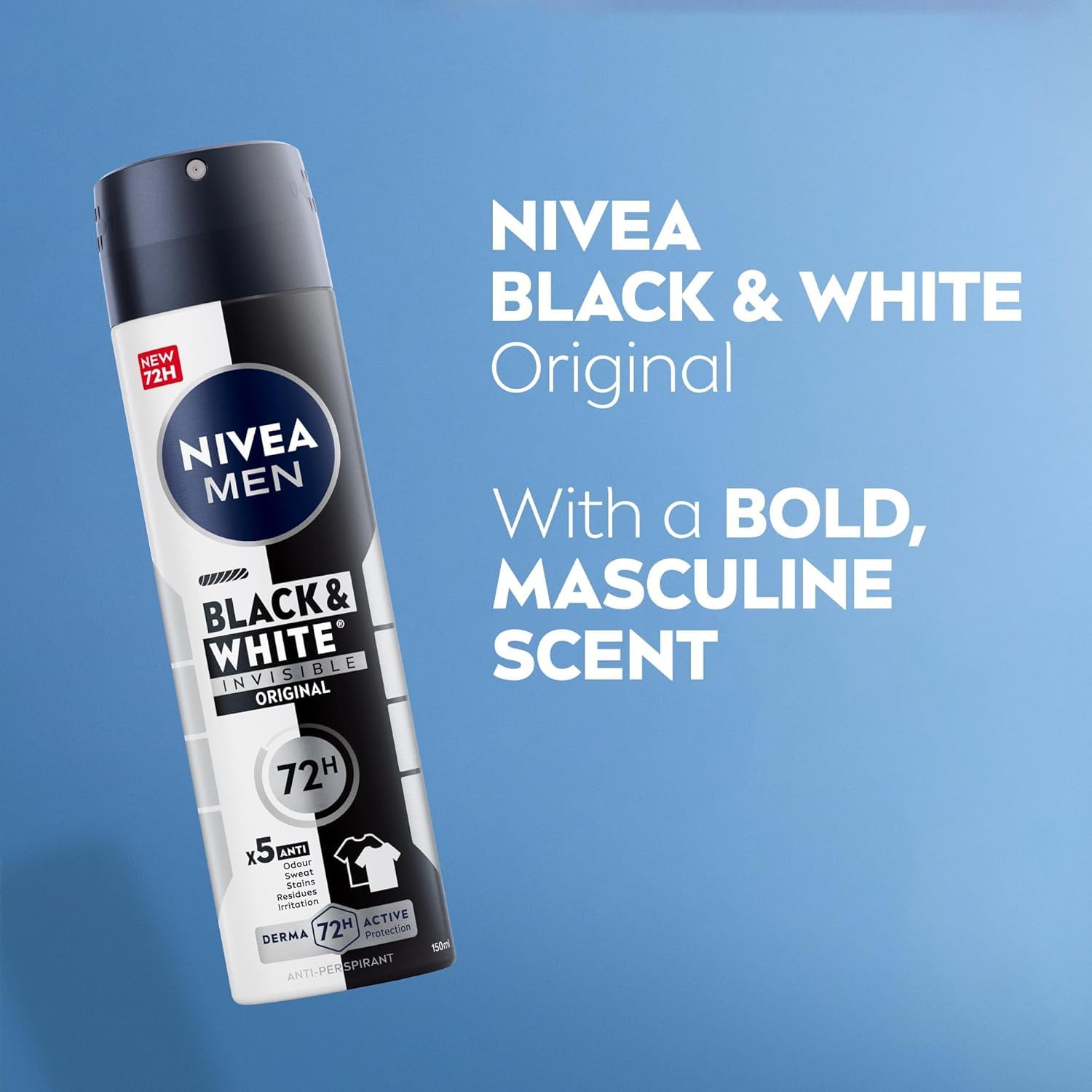 NIVEA Black & White Invisible Original Deodorant Spray 150ml – Anti-Stain 48h Body Spray that Protects Clothes from Yellow & White Marks, Quick-Drying Odour & Sweat Protection, Men & Women