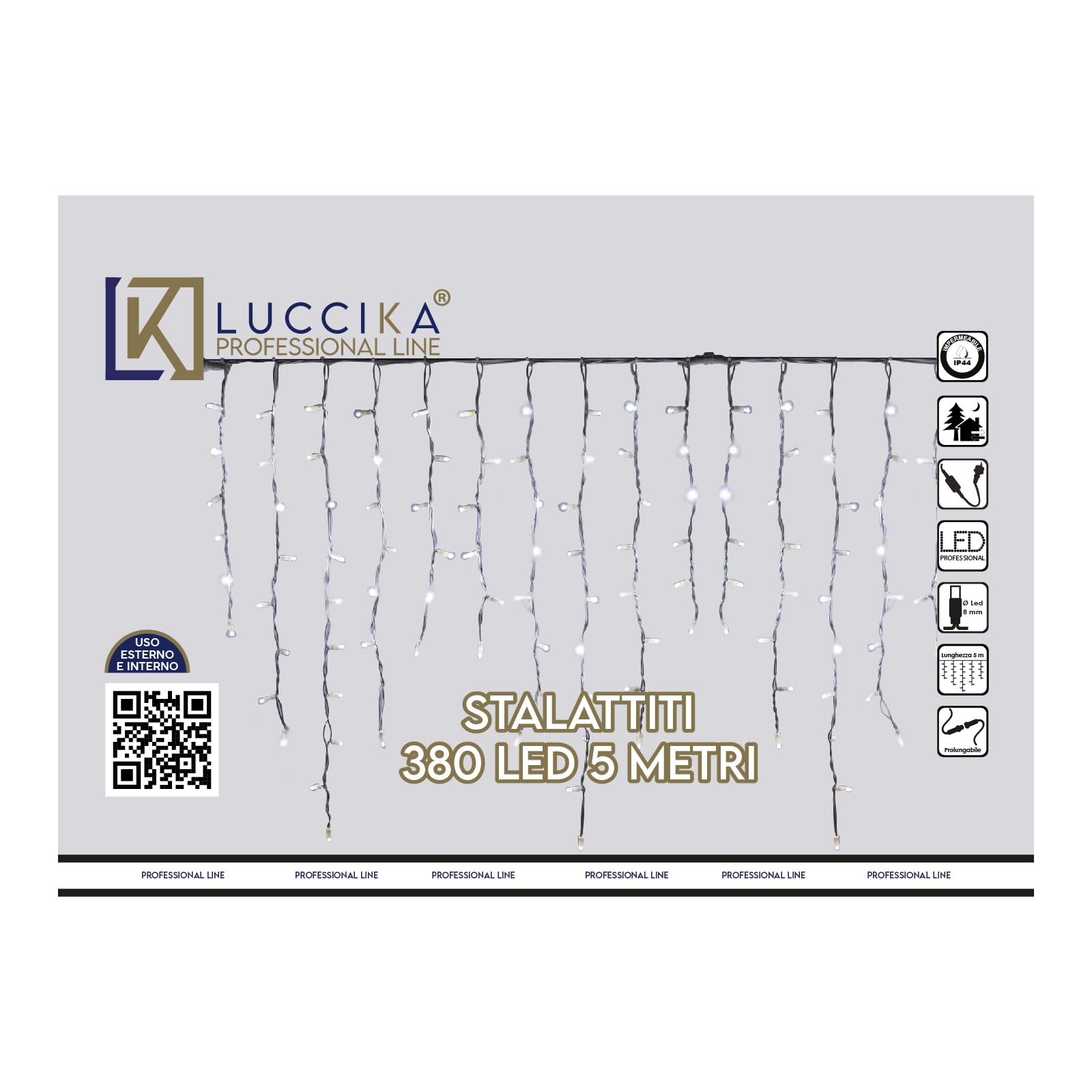 Luccika Professional Cascada de Estalactitas, color de luz Blanco Cálido, 3 Metros con 228 Maxi LEDs de 8 mm, Ice Flash, Colgantes de varias longitudes hasta 1 Metro, Extensible, para uso Externo