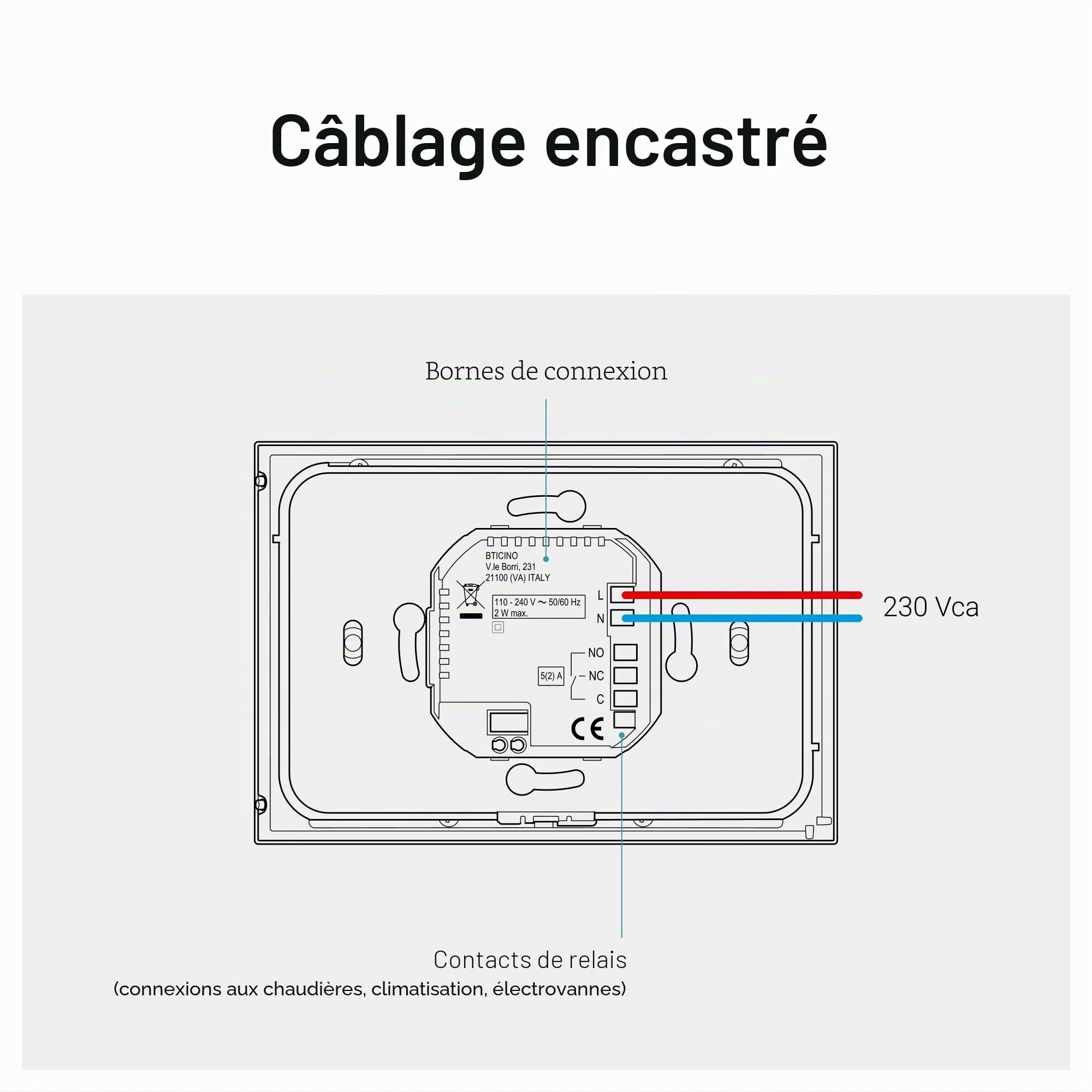 Bticino XG8002E New Smarther2 Thermostat avec Netatmo Noir Contrôle de la température domestique Télécommande encastrable 2 brins