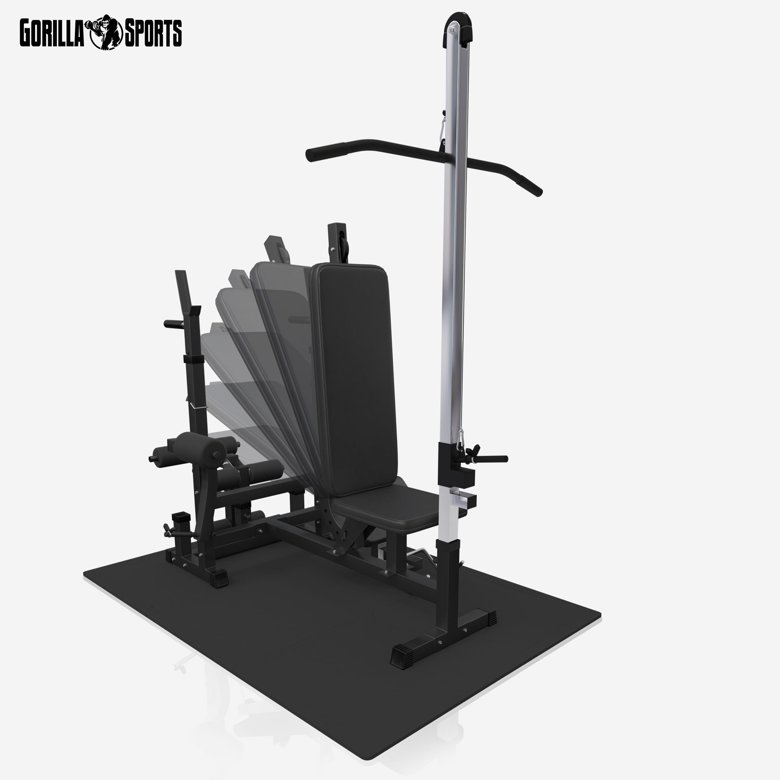 GORILLA SPORTS® Panca Multifunzione - 46 Pezzi, Panca Regolabile, Portabilanciere, Butterfly, Lat Machine, Tappetino Fitness, 2 Bilancieri, 2 Manubri, 14 Dischi 100 kg - Stazione Fitness
