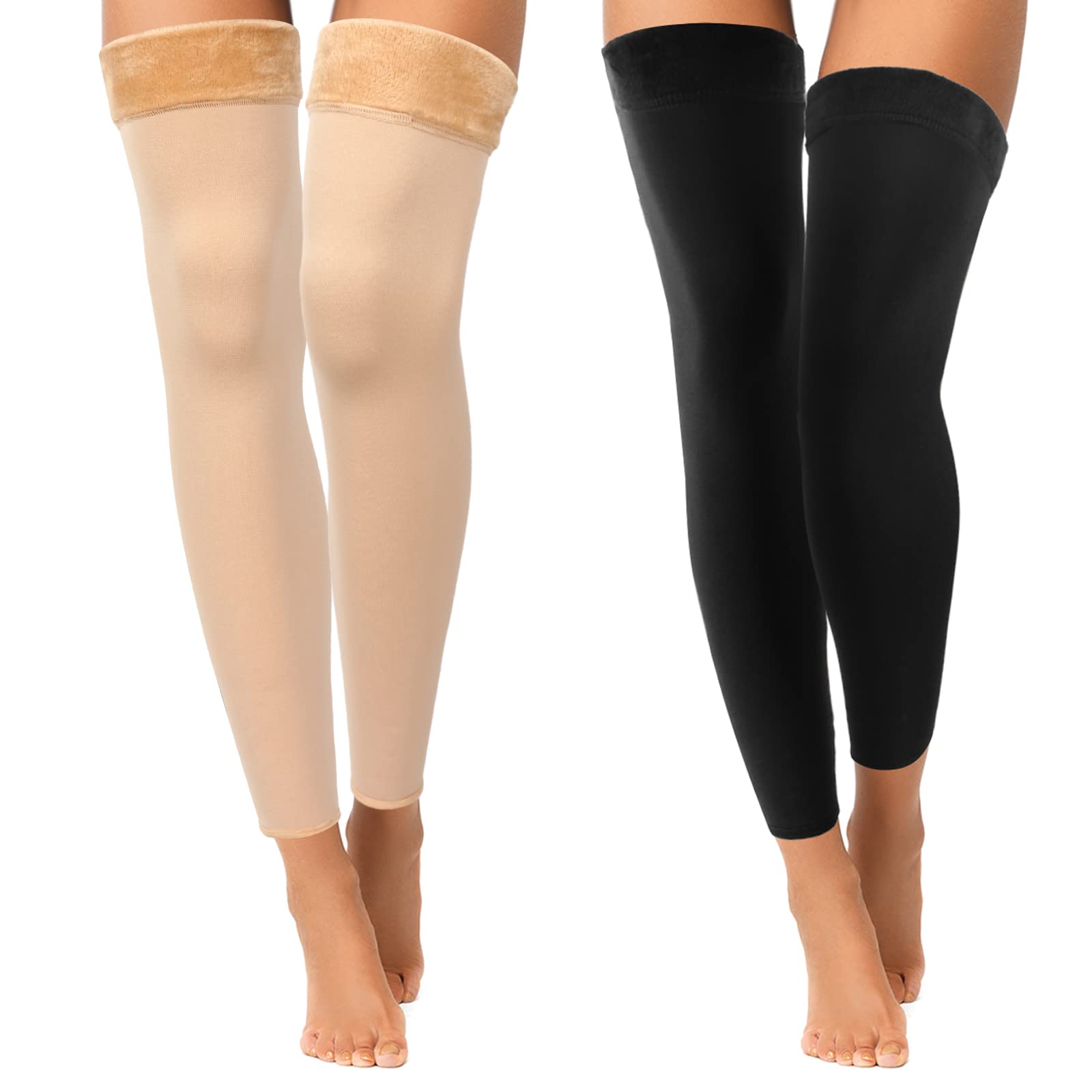 2 Pairs Fleece Leg Warmers Women Over Knee Winter Thick Fleece Lining Elastic Socks for Winter Compression Socks (Black, Beige,Footless Style)