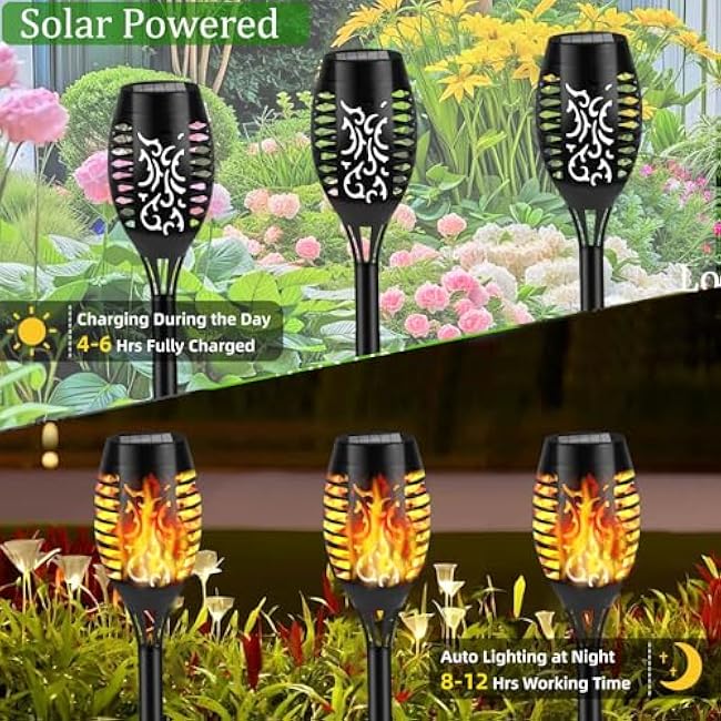 Solar Flame Lights Outdoor, 6 Pack Solar Torch Light with Flickering Flame for Garden Decor - Waterproof 12 Led Torches for Outside, Yard Lights Halloween for Lawn Patio Pathway Lighting