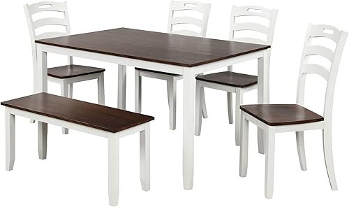 Miniatura 4 de P PURLOVE Juego de mesa de comedor de 6 piezas mesa de cocina con 4 sillas 1 banco para 6 personas abrigo impermeable marfil y cereza