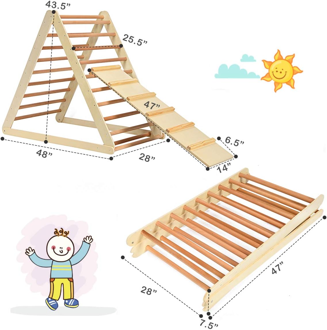 HONEY JOY Triangle Climber with Ramp, 2-in-1 Indoor Toddler Climbing Triangle Set with Ladder & Slide, Foldable Wooden Kids Climbing Toys for Playground, Gym & Daycare, Gift for Boys Girls (Natural)