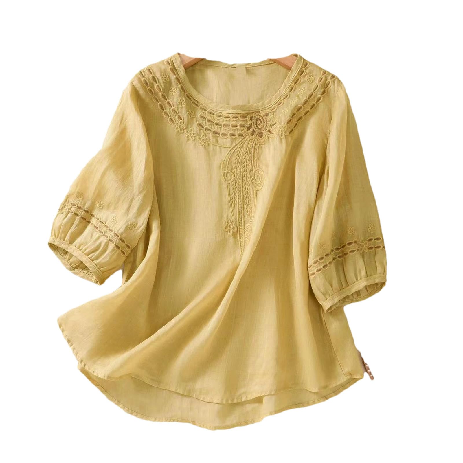 Chemisier rétro en coton et lin brodé à manches courtes pour femme Printemps et été Manches mi-longues Style chinois Haut ample