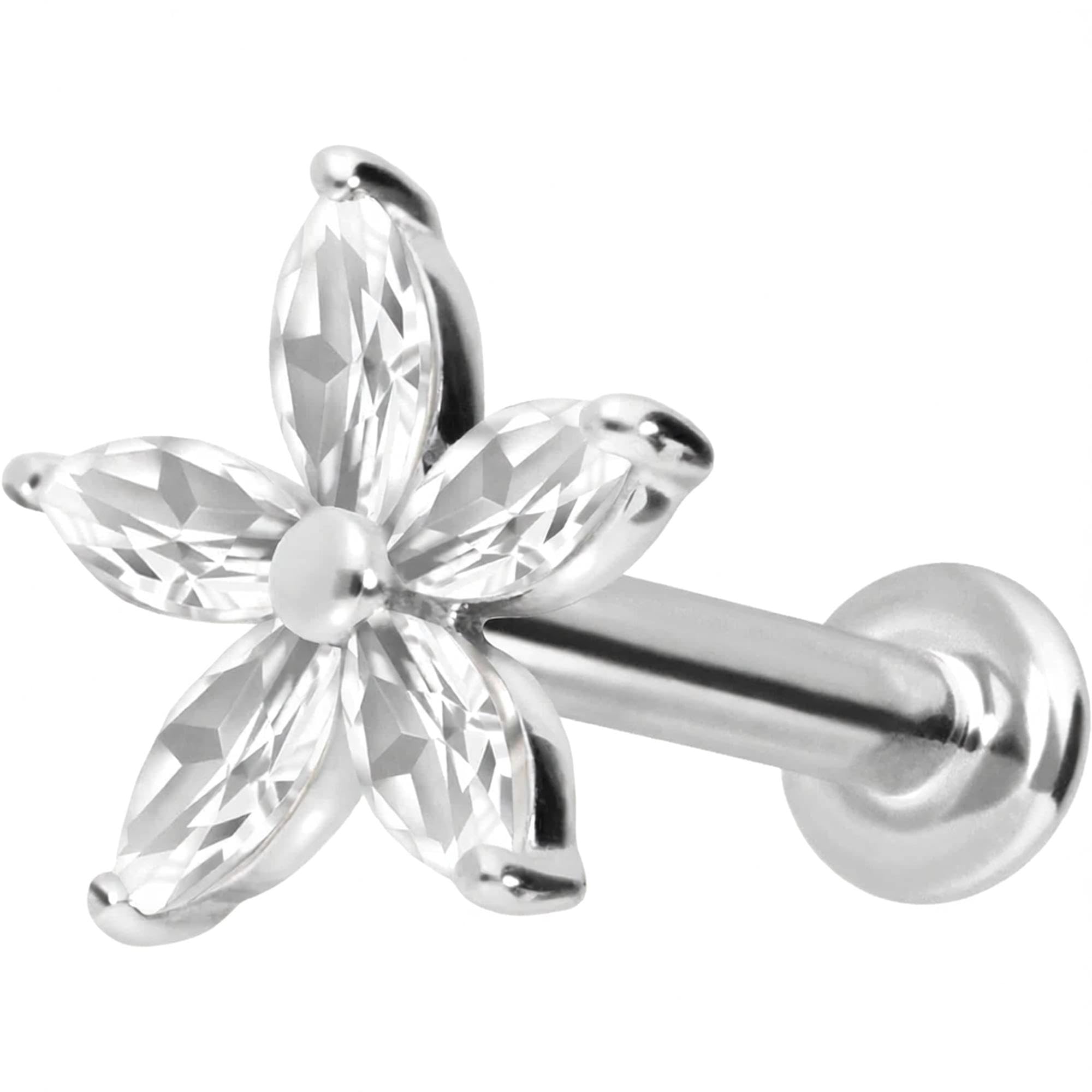 PIERCINGLINE Piercing Stecker 14 Gold Labret mit Innengewinde MOISSANIT-BLUME 585er Gold - Roségoldfarben, Goldfarben, Silberfarben