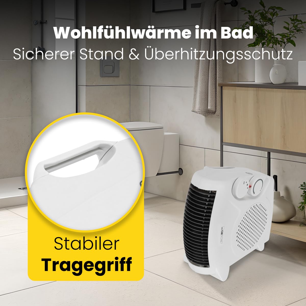Termoventilatore mobile e compatto Clatronic® | 2000 W e 1000 W | con funzione ventilatore e protezione contro il surriscaldamento | 2 possibilità di installazione | HL 3838