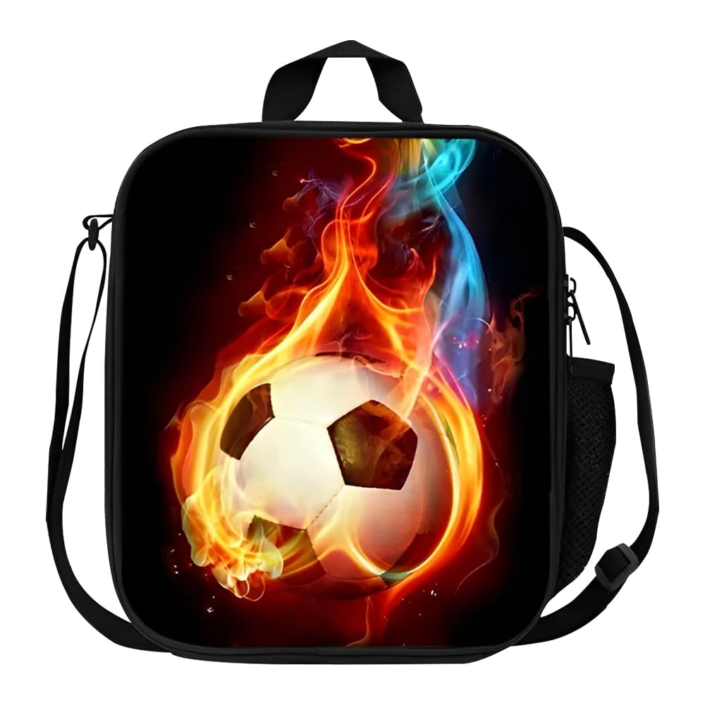 WDKXCN Football Lunch Box, Portable Tote or Crossbody 3D Football Lunch Bag for Kids with Water Bottle Holder, Reusable & Insulated Cooler Warm Boys Lunchbox for School/Picnic/Hiking/Camping/Travel