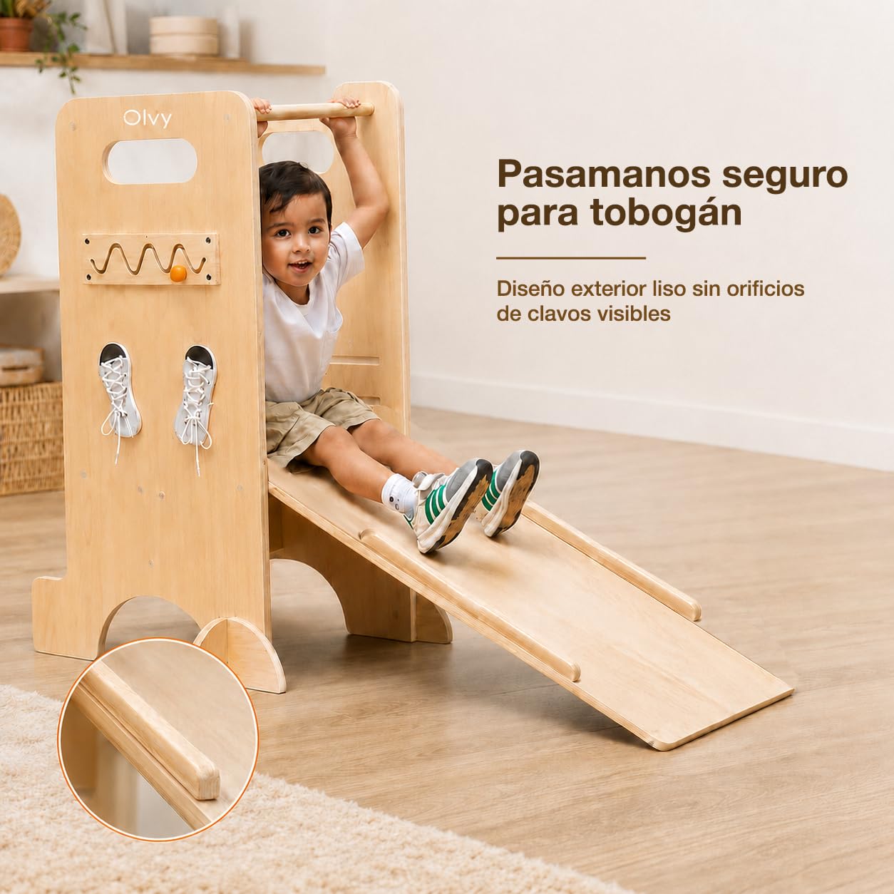 Olvy Torre de Aprendizaje 4 en 1 para Niños con Base Reforzada Cross-Brace, Tobogán con Ranura en Ángulo Recto, Pasamanos sin Clavos Visibles, Pizarra y Panel Montessori de Madera