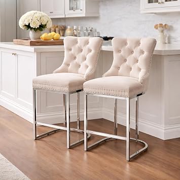 25" Velvet Counter Height Bar Stools Set of 2, Tufted Upholstered Kitchen Counter Stools with High Back, Nailhead Trim, Chrome Metal Legs, Modern Beige Bar Chairs for Dining Room, Pub, Island