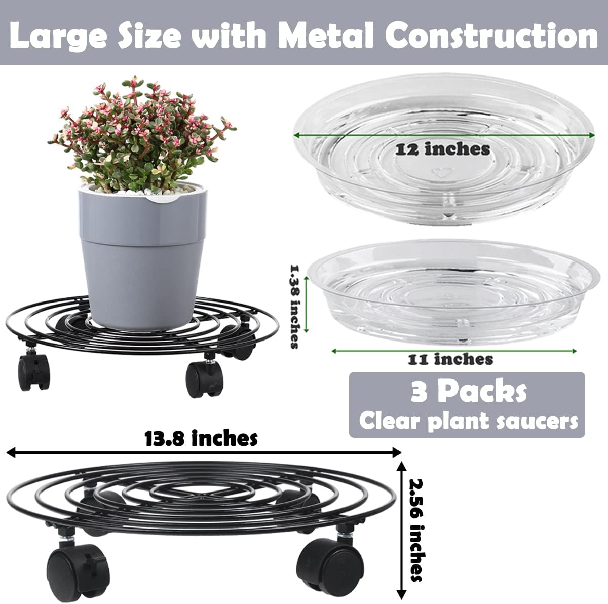 3 Packs Large Metal Plant Caddy with Wheels 13.8 Inches Plant Dolly Heavy Duty Rolling Plant Stand with Casters for Indoor Outdoor Wheeled Planter Coasters Flower Pot Mover Rollers Black, Plastic Saucers Included