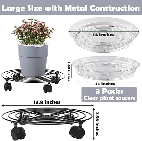 Miniatura 3 de Paquete de 3 cajas grandes de metal para plantas de 13.8 pulgadas con ruedas, soporte rodante de hierro forjado resistente con ruedas para macetas