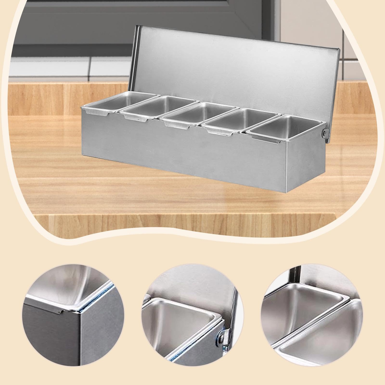 Condimentero de Acero Inoxidable con Divisores Desmontables Organizador de Cocina para Condimentos Y Especias Recipiente Hermético con Tapa Adecuado P, 5 cuadrículas, Individual