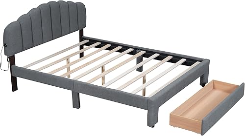 Miniatura 21 de DEINPPA Base de cama tapizada tamaño matrimonial con cabecera ajustable de flores elegantes, cama de plataforma de terciopelo con soporte de Bean