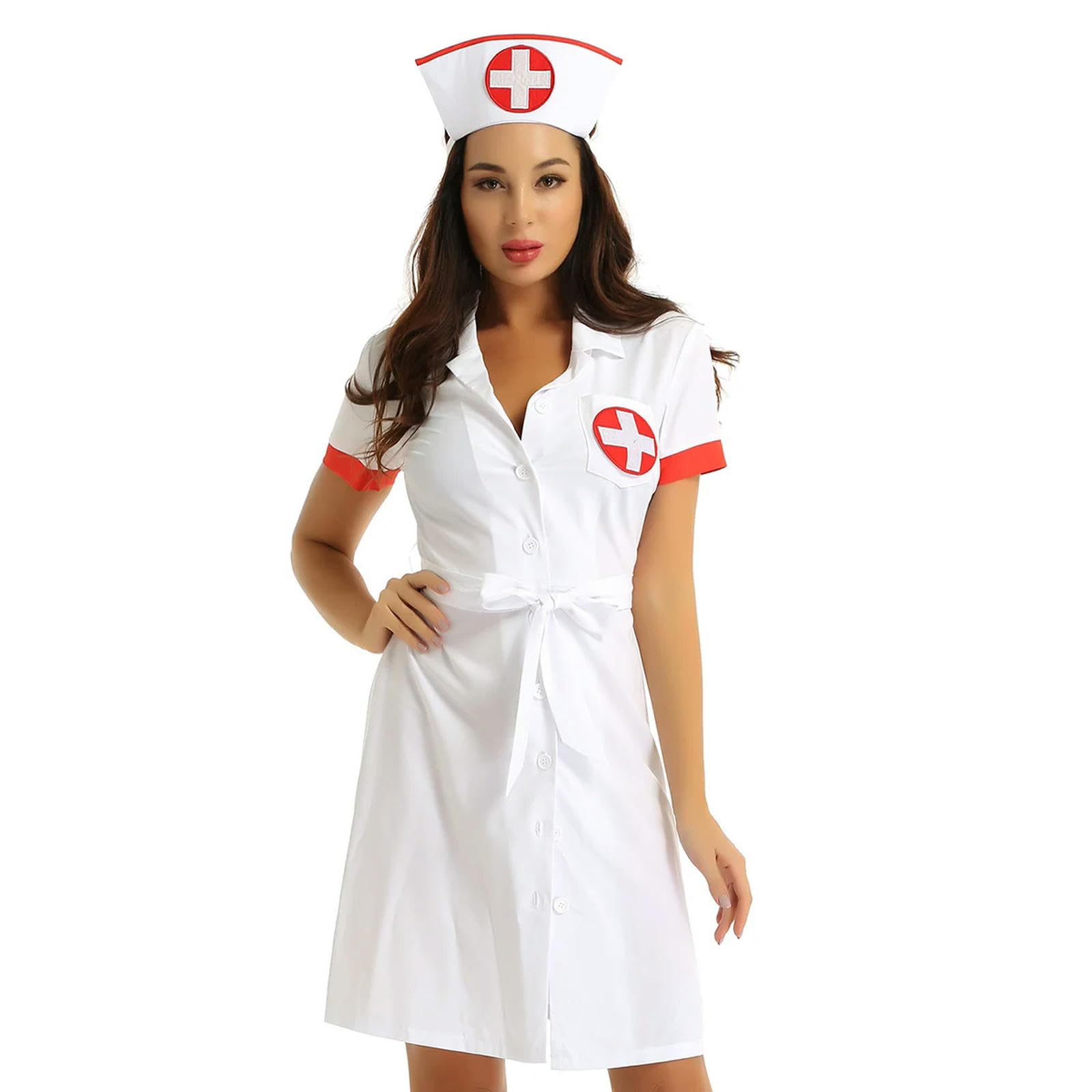 Damska pielęgniarka fantazyjna sukienka cosplay kostium z krótkim rękawem zapinana na guziki sukienka lekarska - biała-XL