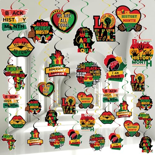 Image of 72 Pcs Black History Month Hanging Swirl Decoration Black History Month Party Decoration Red Green Yellow Ceiling Hanging Decor for BHM African Festival Celebration Home Office Party Supplies