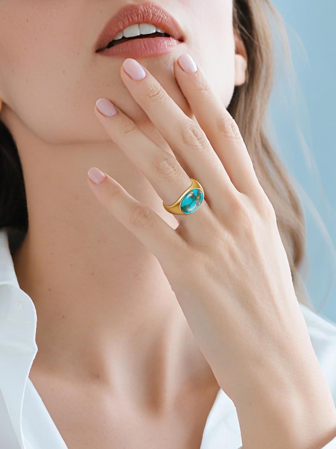 Turquoise Rings for Women, 14K Gold-Plated Stainless Steel Statement Ring with Oval Teal Turquoise, Lightweight and Non Tarnish, Vintage Boho Jewelry Gift for Her, Size 5-9 - Image 2