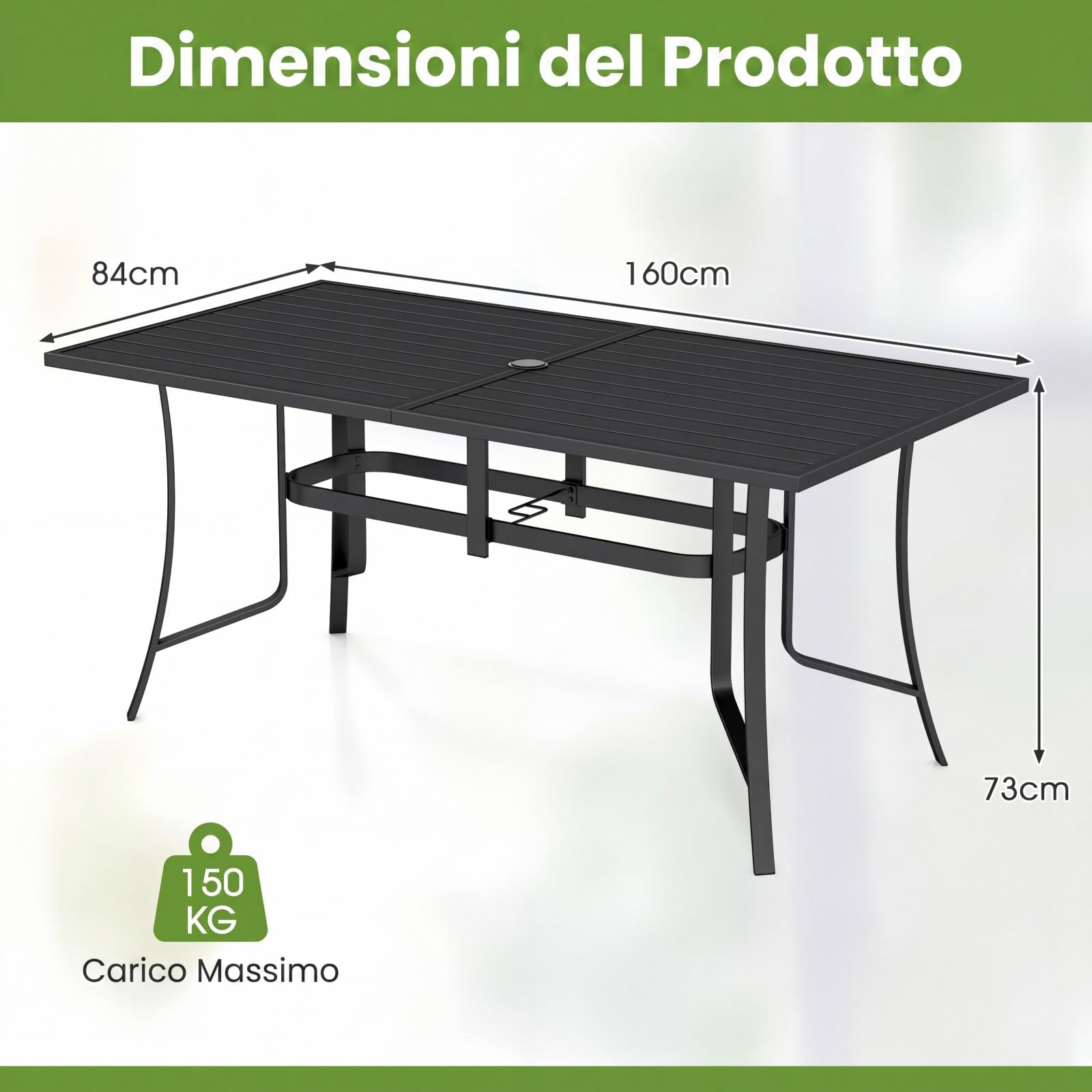 COSTWAY Tavolo da Giardino a 6 Posti in Metallo, con Foro di Ombrellone | Tavolo Pranzo Esterno Rettangolare per Balcone Terrazzo Campeggio, Portata 150 kg, 160 x 84 x 73 cm