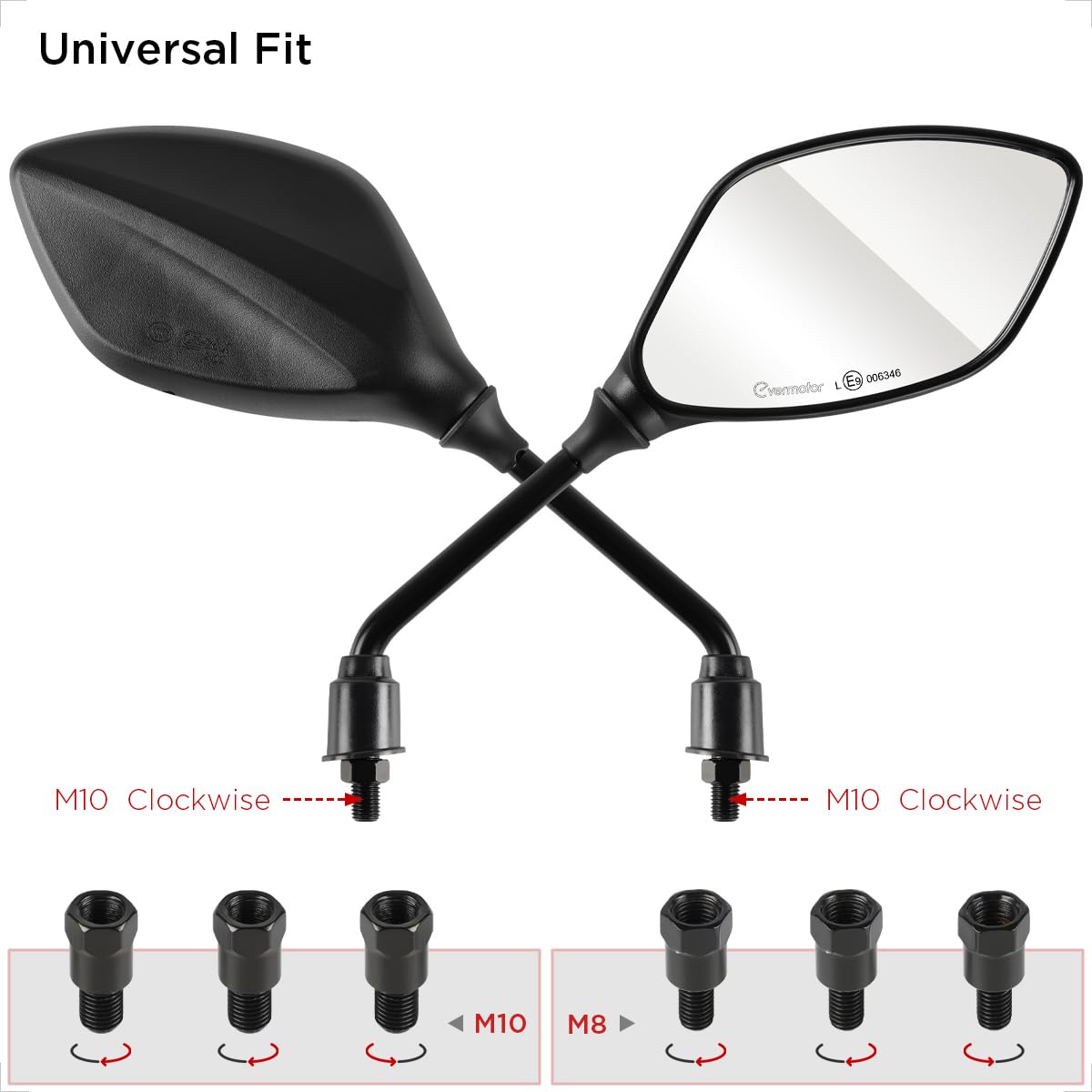 Evermotor Universal E9 Certificato Specchietti Moto Set 2x Filettatura Destra M10, 2x Filettatura Destra M8, 1x Filettatura Sinistra M10, 1x Filettatura Sinistra M8 Quad Roller ATV Moped