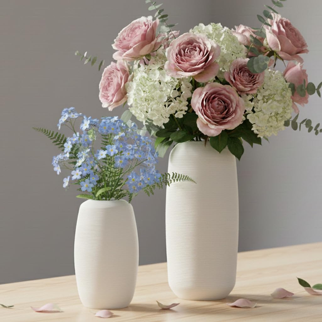 Vintage Ceramic Vase, Minimalist Texture Stone Patterned White Flower Vase, Decorative Vase for Living Room Shelf Farmhouse Dining Table Centerpiece Decor (White Texture - 2 Pack)