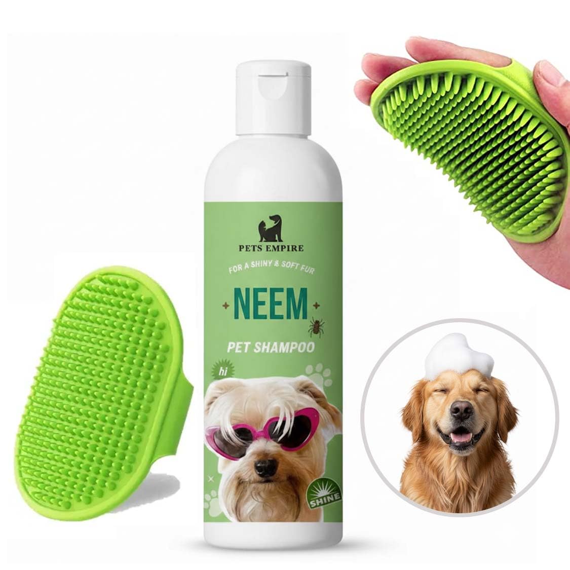 Pets Empire Neem Dog Shampoo 200ml with Silicone Bath Massage Brush – Gentle Care Combo for Sensitive Skin (Pack of 2)