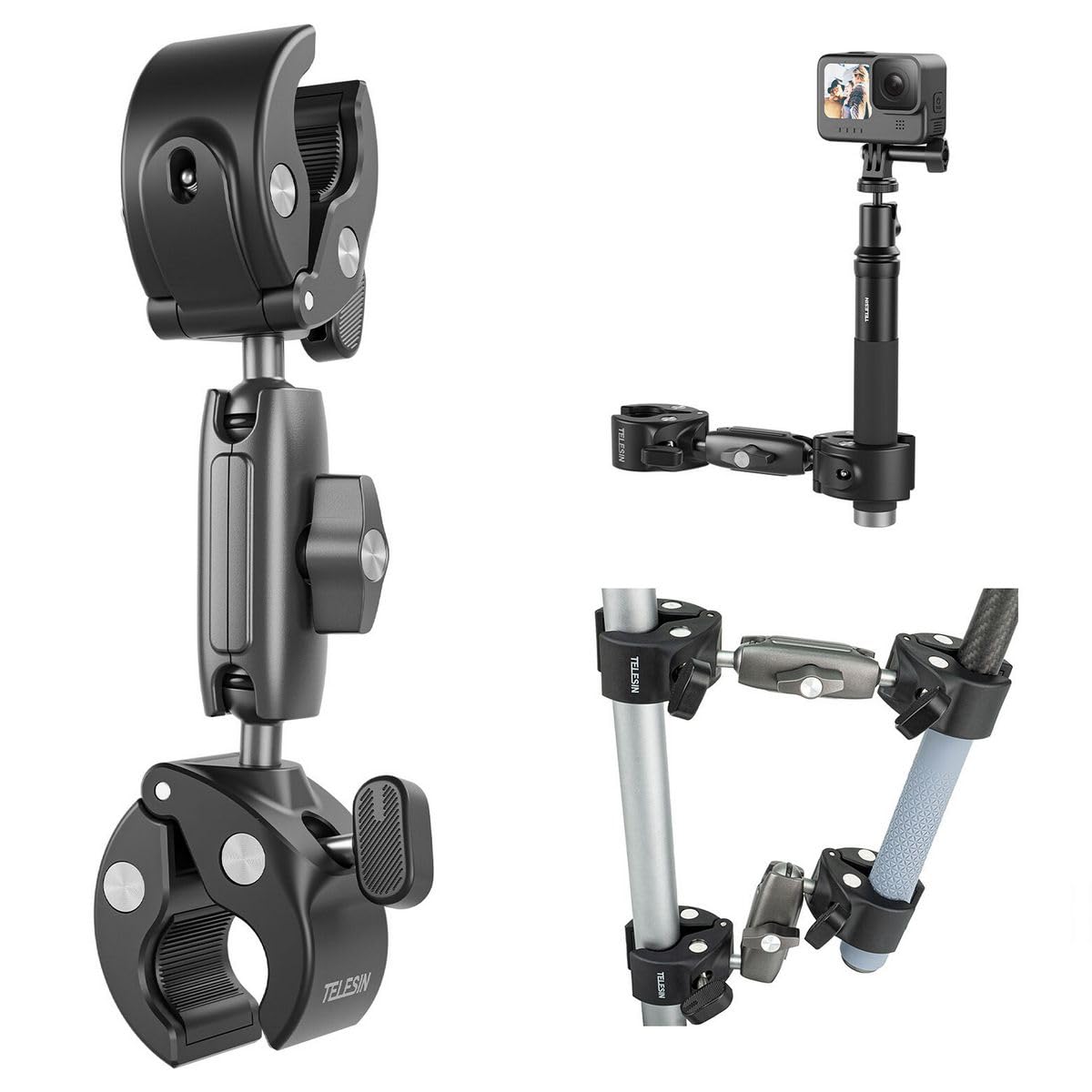 TELESIN Mocne aluminium zakres zaciskowy od 9 mm do 38 mm podwójny pazur kraba 360 stopni uchwyt zaciskowy do kamery GoPro, Insta360, DJI i innych kamer akcji