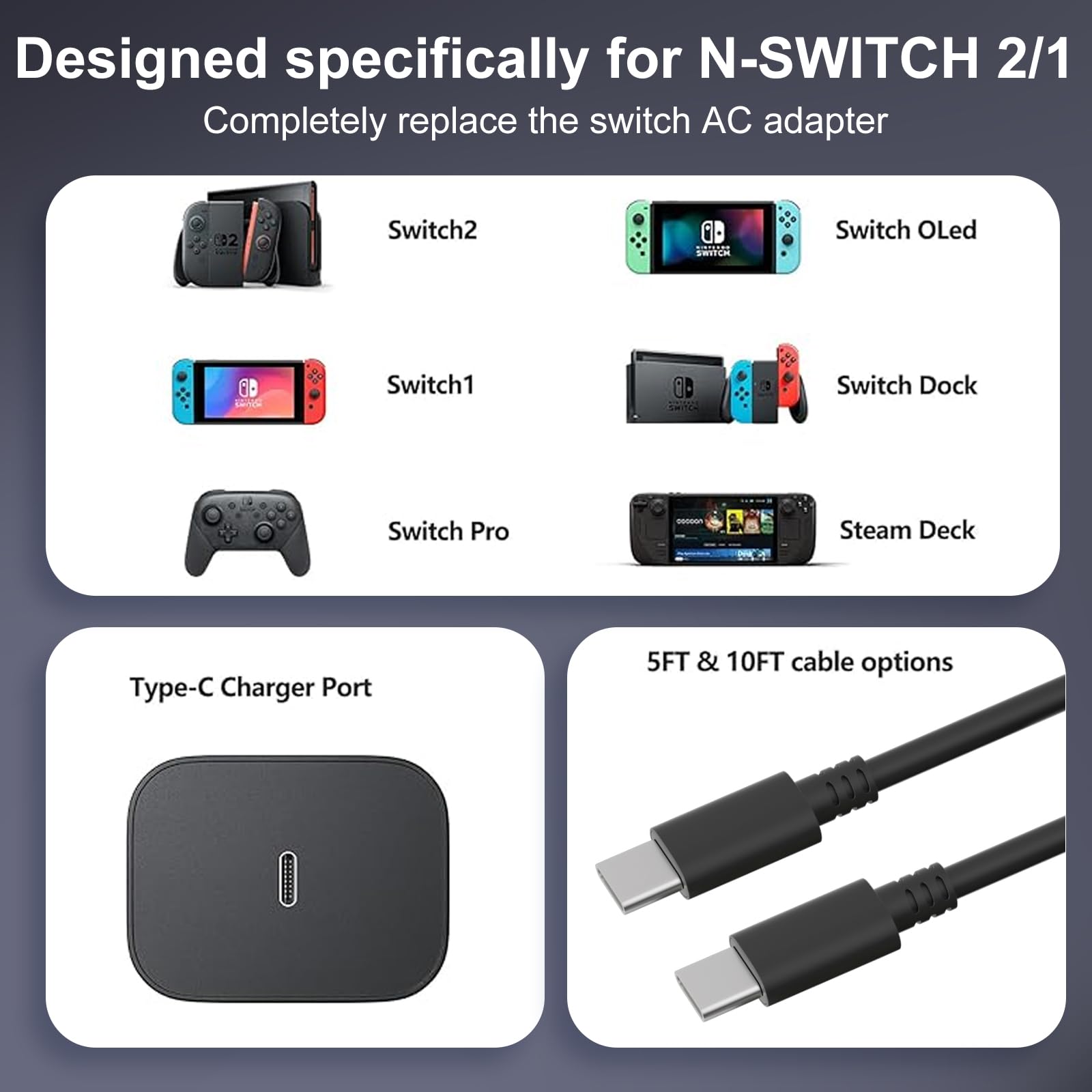 Ładowarka 60 W 45 W kompatybilna z Nintendo Switch 2, OLED, Lite, Steam Deck, obsługuje tryb stacji dokującej TV, adapter AC szybkie ładowanie za pomocą kabla USB C 6FT