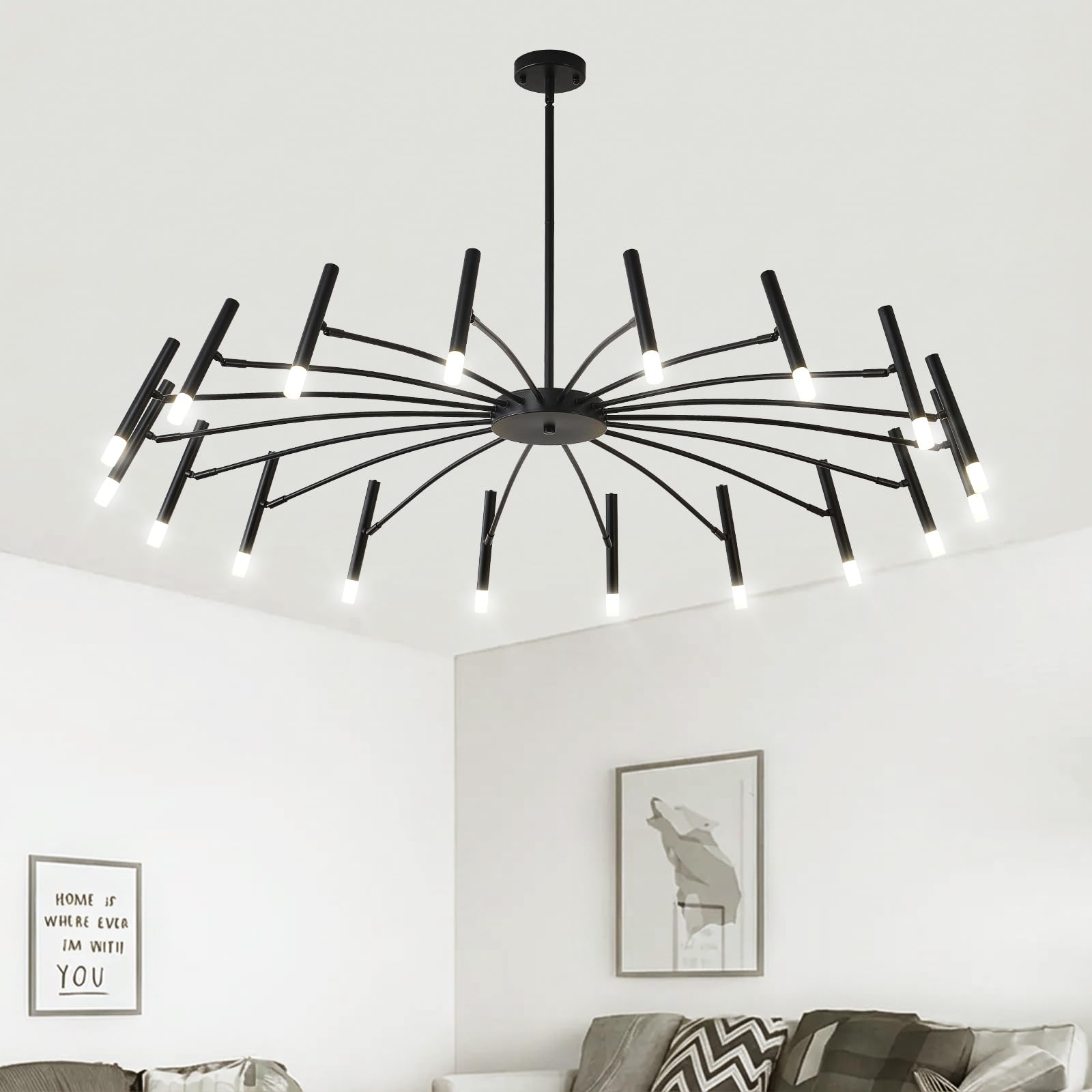NILSE 18-Light Mid Century Modern Chandelier with G9 Bulbs, 53 Inch Black Modern Chandelier for Living Room, Extra Large Sputnik Light Fixture for