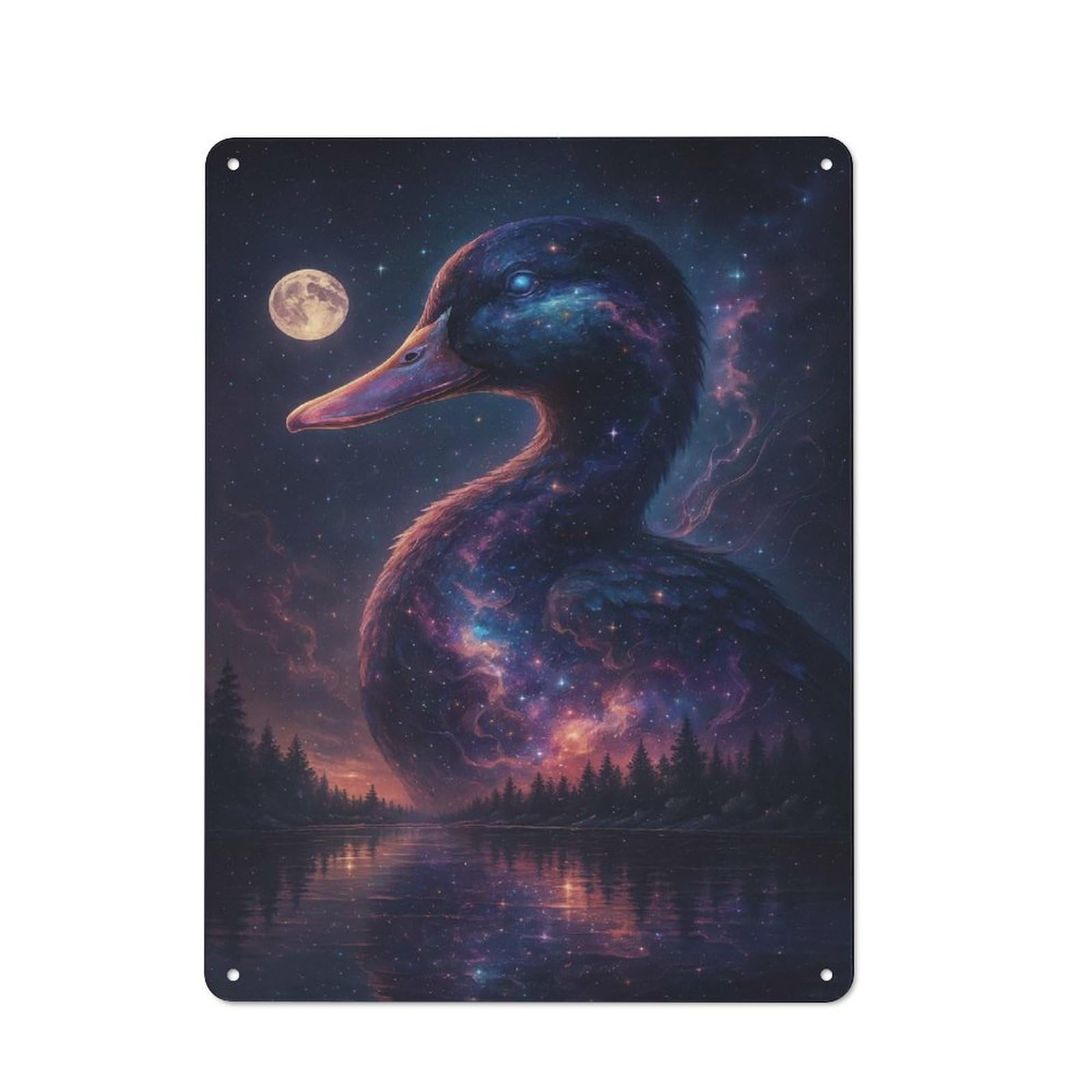 Modern Retro Metal Wall Art Sign 40x30cm Featuring Cosmic Duck by The Lake, Urban Room Decor for Workspace, Cafe, Hallway Or Garage