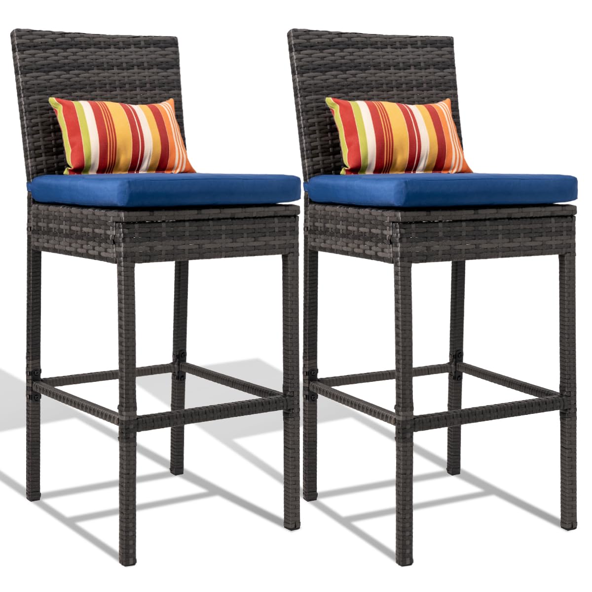 Wicker Bar Stool Set of 2, 30 Inch Seat Height Patio Counter Height Stool with Back Rest, Rattan Woven Tall Chair with Pillow & Navy Blue Cushion, High Bar Stool - Steel, Charcoal