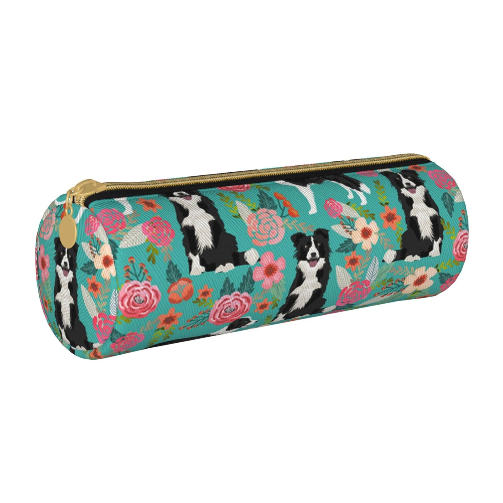 AABSTBFM Border Collie Florals Printed Round Pencil Case Cute Leather Zipper Pen Pencil Pouch Bag for School, Office, and Travel