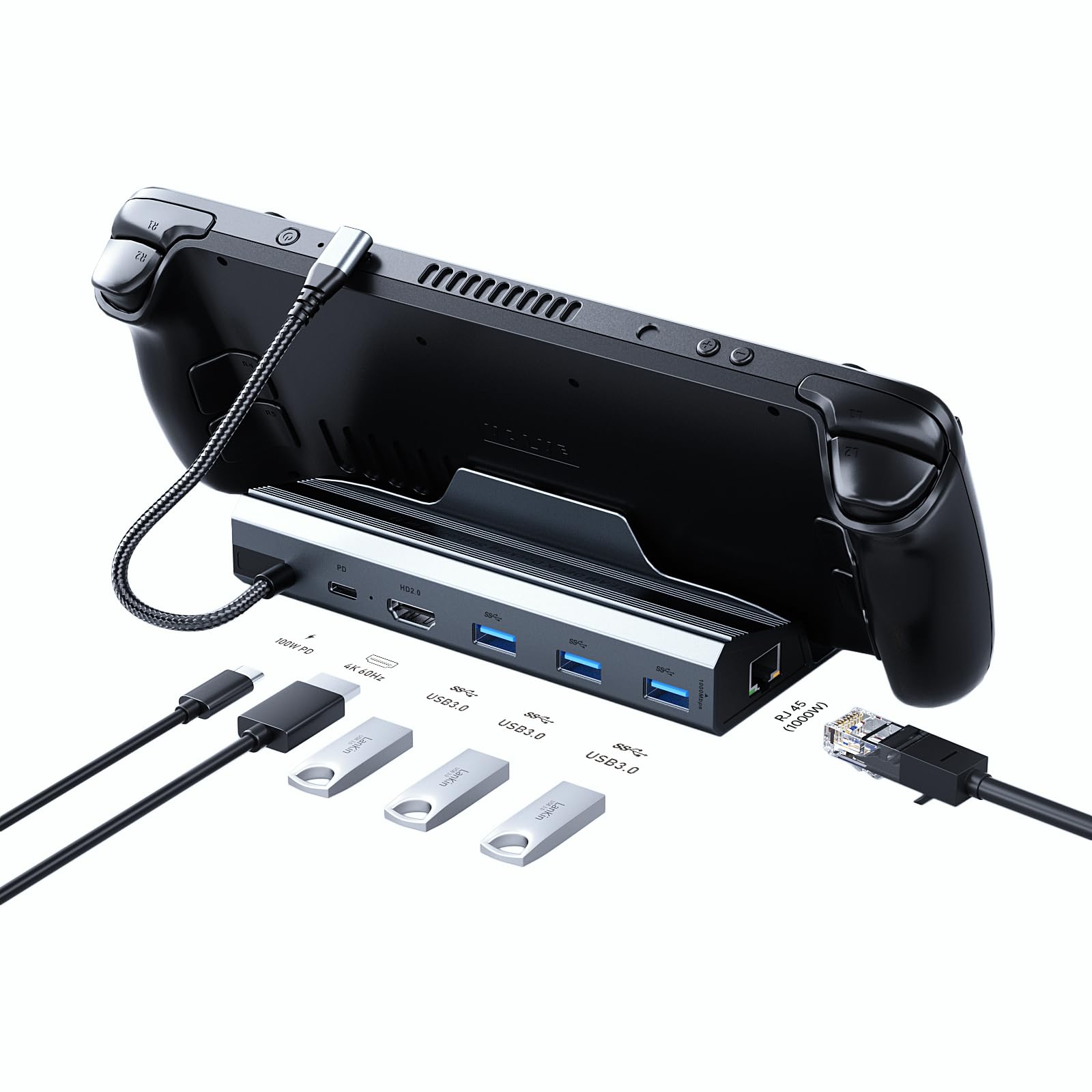 Docking Staion for Steam Deck/ROG Ally/Legion Go, The 6 in 1 Steam Deck Dock. 1000Mbps Ethernet, 3.0 PD 100W Fast Charging, HDMI 2.0 4K@60Hz and 3 USB 3.0 Port Steam Deck OLED Dock.