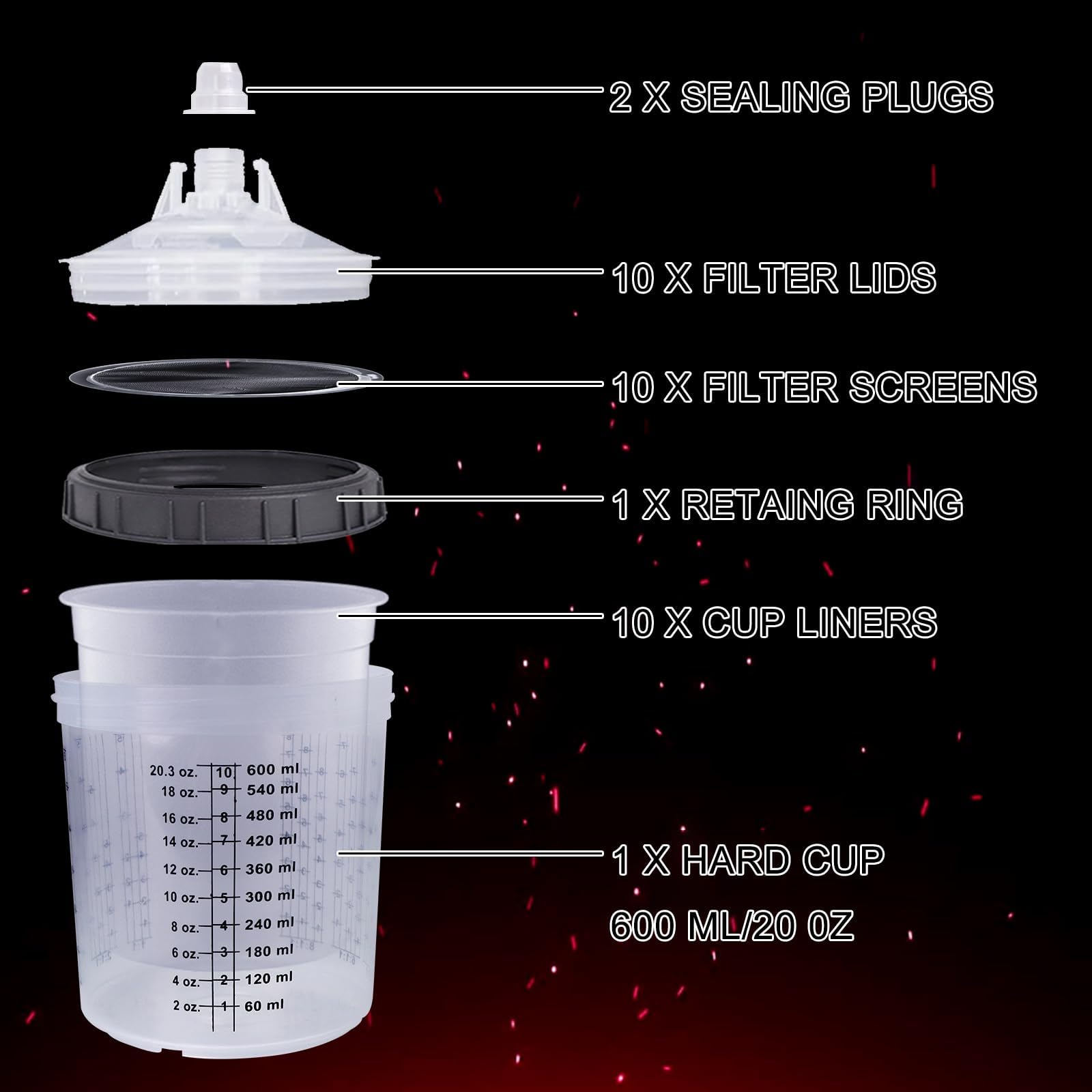 Lot de 10 gobelets de mélange de Peinture jetables 600 ML, pour Pistolets à Peinture HVLP et LVLP avec 10 gobelets et couvercles, 1 gobelet Dur avec 2 Anneaux de Maintien